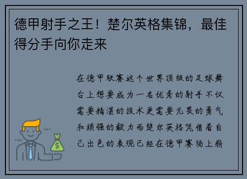 德甲射手之王！楚尔英格集锦，最佳得分手向你走来