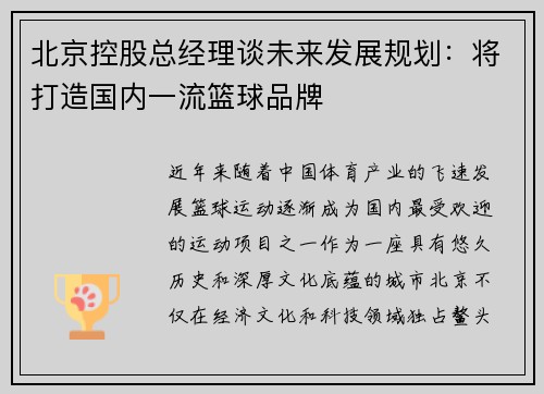 北京控股总经理谈未来发展规划：将打造国内一流篮球品牌